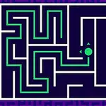 紫と黒の背景に、白い線で構成された迷路と緑色のラインと円。