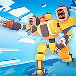 空中で武装した黄色いロボットが、未来的な背景の中を飛行している。