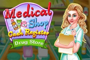 金髪の女性が立っており、カラフルな薬局の商品が描かれた看板のイラスト。