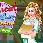 金髪の女性が立っており、カラフルな薬局の商品が描かれた看板のイラスト。