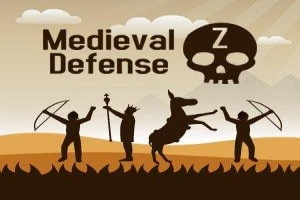 骸骨のアイコンと「Medieval Defense Z」というテキストが背景にあるシルエットのキャラクターたち。
