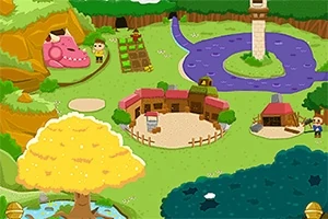 緑の草原にピンクのドラゴン、木々、池、川、小屋などが配置されたカートゥーンスタイルのシーン。