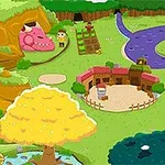 緑の草原にピンクのドラゴン、木々、池、川、小屋などが配置されたカートゥーンスタイルのシーン。