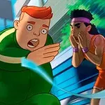 緑のジャージを着た赤髪のキャラクターが、走っている様子。