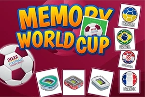 赤い背景に「MEMORY WORLD CUP」と書かれた文字とサッカーボールのイラストがあり、各国の旗やスタジアムのカードが並ぶ。