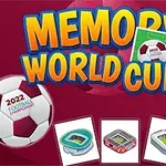 赤い背景に「MEMORY WORLD CUP」と書かれた文字とサッカーボールのイラストがあり、各国の旗やスタジアムのカードが並ぶ。