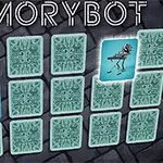 記憶カードゲームのボードに並べられた青い模様のカードと裏返しのロボットのイラスト。