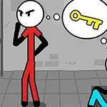 赤い服のキャラクターが立って考えていて、青い服のキャラクターが床に座って鍵を思い浮かべている。