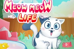 白と黒の斑点模様の猫が庭で楽しそうに座っているカラフルなイラスト。