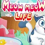 白と黒の斑点模様の猫が庭で楽しそうに座っているカラフルなイラスト。