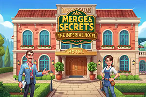 レンガ造りのホテル正面に「MERGE & SECRETS THE IMPERIAL HOTEL」の看板が掲げられ、入口前に男女の人物が立つカラフルなイラスト。
