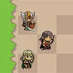 3人のキャラクターがチェッカーボードのような地面に立っており、左には緑の草地があります。
