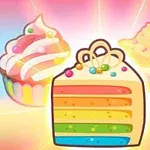 カラフルなケーキとカップケーキが並んでいるイラスト。