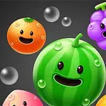 笑顔のフルーツキャラクターたちが浮かんでいるカラフルなイラスト。