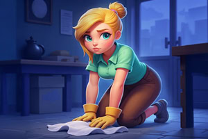 ブロンドの女性が手袋をはめ、床を拭いている。