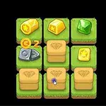 緑の背景に宝石や金属が並んだブロックと手のアイコンがあります。