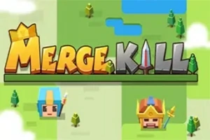 青と金色のヘルメットをかぶったキャラクターが緑のマップ上に配置され、背景に「MERGE KILL」と書かれた文字が表示されているイラスト。