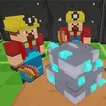 二人のキャラクターが黄色いヘルメットをかぶり、青緑色の宝石がついた灰色のブロックを囲んで立っている。