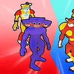 赤い背景と青い背景に分かれた三匹のコミカルなキャラクターが立っているイラスト。