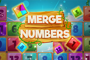 カラフルな数字ブロックと「MERGE NUMBERS」の文字が木製の看板に描かれているイメージ。
