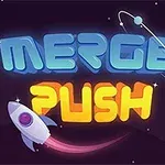 青とオレンジの立体的な文字で「MERGE PUSH」と書かれた宇宙背景のデザインで、左下に小さな宇宙船が描かれている。