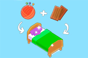 毛糸玉と木材がベッドに変わるイラスト。