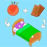毛糸玉と木材がベッドに変わるイラスト。