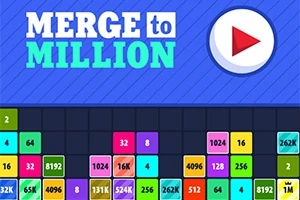 青色の背景に「MERGE to MILLION」のテキストと再生ボタン、下部にカラフルな数字ブロックが並んでいる。