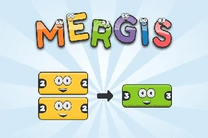 カラフルな文字で書かれた「MERGIS」の上に、目と口が付いた黄色い四角形と緑色の長方形が並んでいるイラスト。