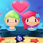 水中で微笑む緑と赤の髪のマーメイドキャラクターが、大きなハートに囲まれている。