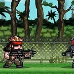 森の背景に、武器を持ったキャラクターが立っているピクセルアートのイラスト。