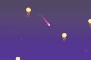 紫色の背景に、金色のコインと中央を移動するピンクの彗星。