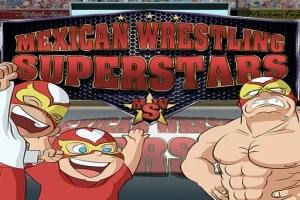 覆面をかぶった3人のキャラクターが描かれた「MEXICAN WRESTLING SUPERSTARS」のポスター。