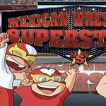 覆面をかぶった3人のキャラクターが描かれた「MEXICAN WRESTLING SUPERSTARS」のポスター。