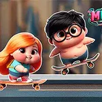 スケートボードに乗った2人のかわいいキャラクターと青いモンスター。