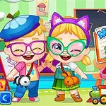 教室の中で笑顔の子供たちが遊んでいる様子とカラフルなロボットが描かれている。