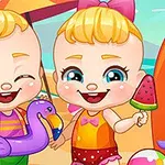 ビーチでフラミンゴの浮き輪とアイスクリームを持つ、笑顔の赤ちゃんたち。