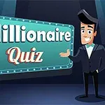 スーツを着た男性キャラクターが「Millionaire Quiz」と書かれたサインを指している。