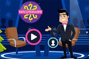 アニメ風の男性司会者と椅子、中央に「MILLIONAIRE」と書かれた紫色のサインがあるスタジオのセット。