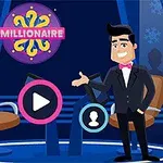 アニメ風の男性司会者と椅子、中央に「MILLIONAIRE」と書かれた紫色のサインがあるスタジオのセット。