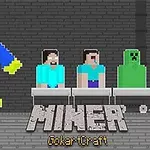 青いキャラクターが左側にいて、その右側にブロック状のキャラクターたちがトロッコに乗って並んでいる。
