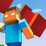 青いシャツを着たブロック状のキャラクターが、空に向かって金色のツルハシを持ち上げている。