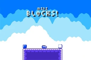青い空と雲の背景に、紫色のプラットフォームと「MINI BLOCKS!