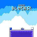 青い空と雲の背景に、紫色のプラットフォームと「MINI BLOCKS!
