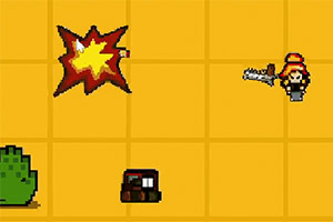 黄色い背景の上に、爆発のエフェクト、キャラクター、車、および木が描かれています。