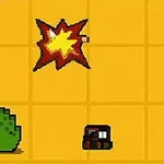 黄色い背景の上に、爆発のエフェクト、キャラクター、車、および木が描かれています。