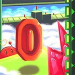 緑と赤のカラフルなプラットフォームと雲に覆われる中、大きな赤い「O」型オブジェクトと小さな赤いキャラクターがいる。