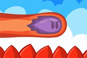 紫色の顔が描かれたオレンジ色のキャラクターが、赤いスパイクの近くを横切っている様子。