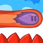 紫色の顔が描かれたオレンジ色のキャラクターが、赤いスパイクの近くを横切っている様子。
