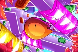 紫色の背景に、オレンジ色のキャラクターが様々な障害物を避けて進む様子。